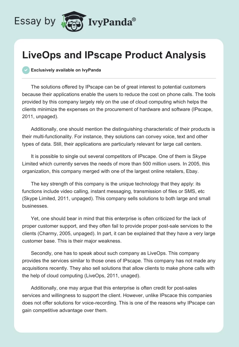 LiveOps and IPscape Product Analysis. Page 1