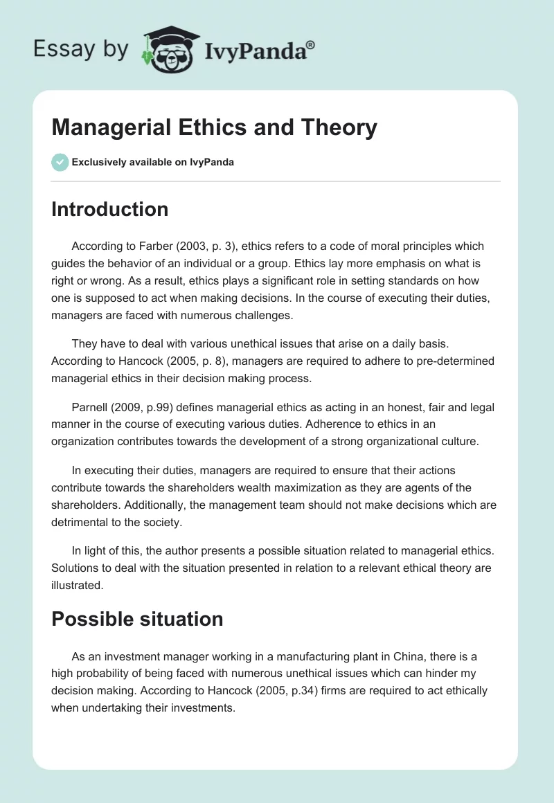 Managerial Ethics and Theory. Page 1