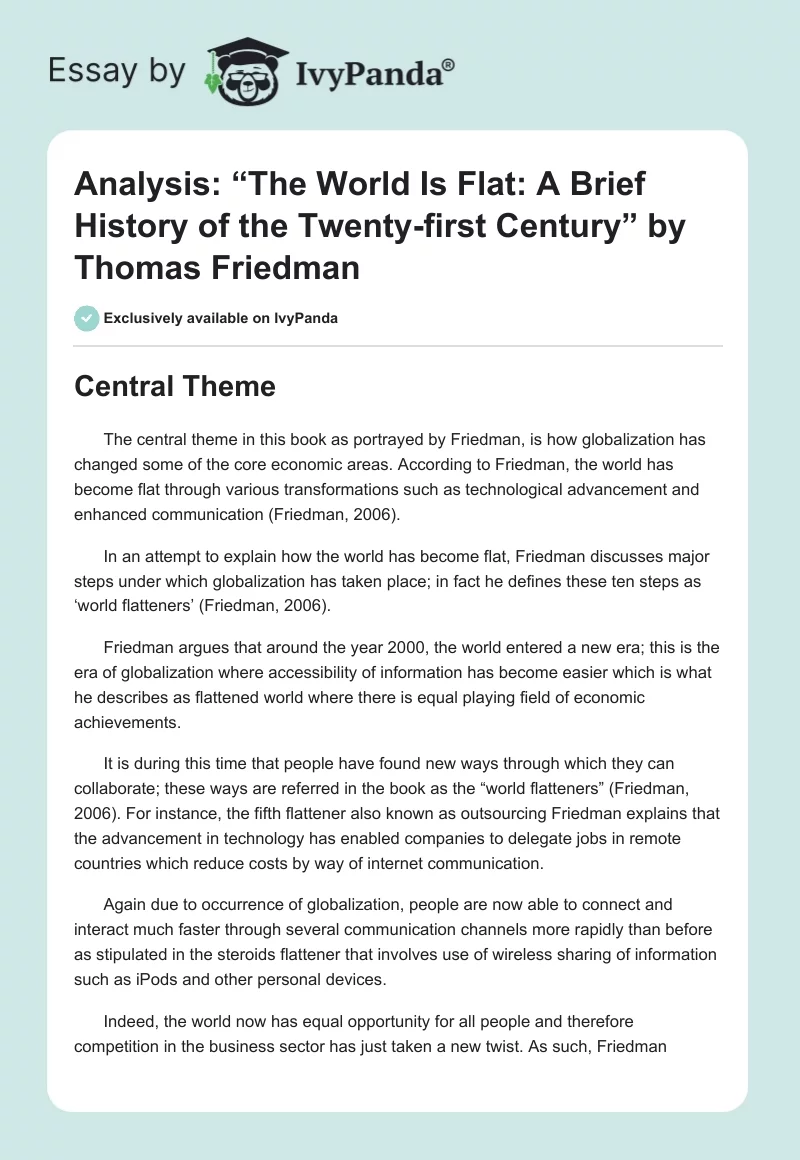 Analysis: “The World Is Flat: A Brief History of the Twenty-first Century” by Thomas Friedman. Page 1