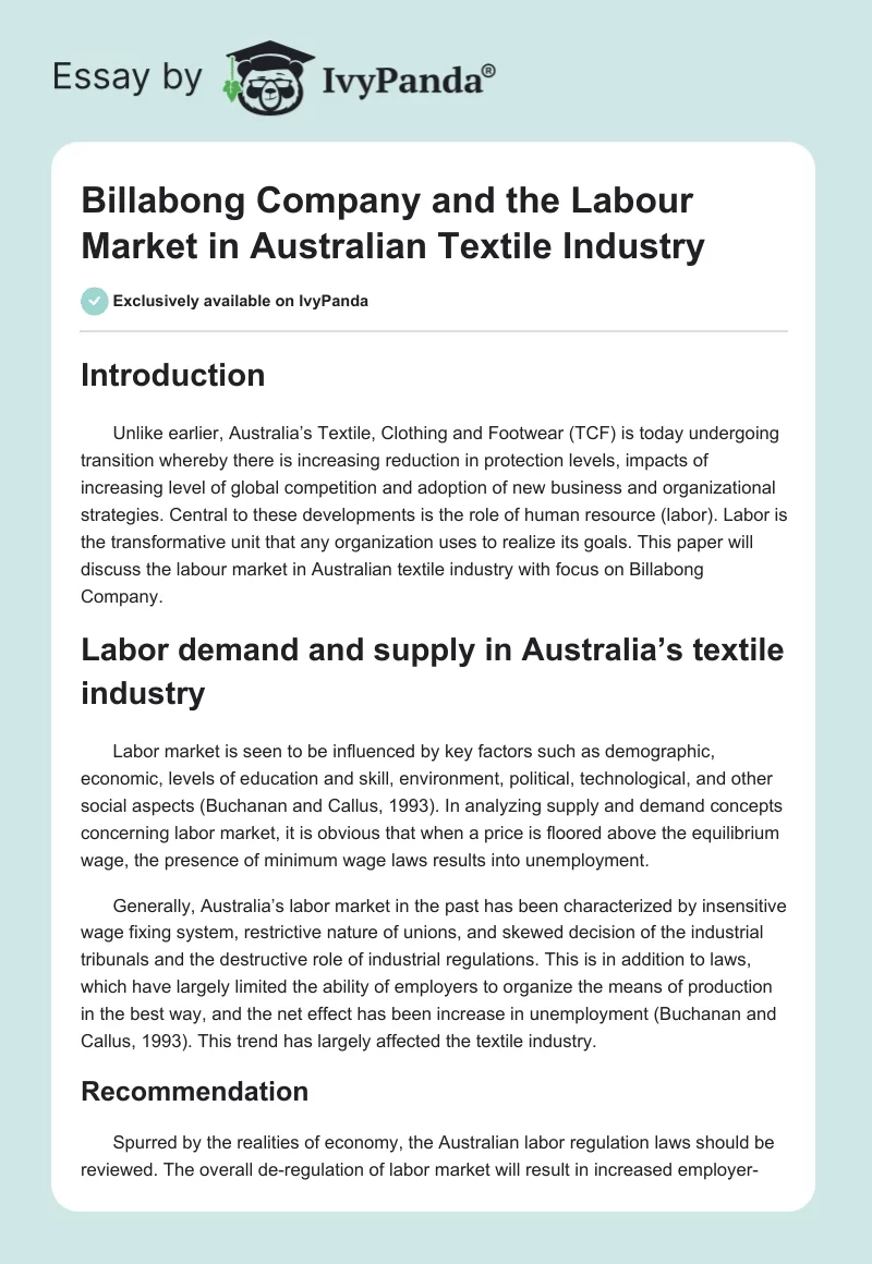 Billabong Company and the Labour Market in Australian Textile Industry. Page 1