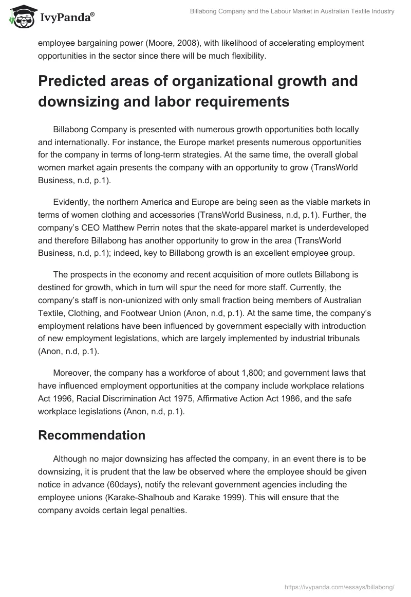 Billabong Company and the Labour Market in Australian Textile Industry. Page 2