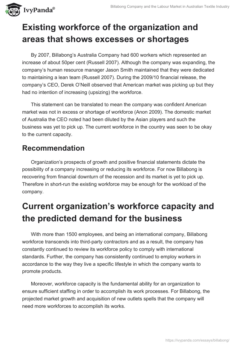 Billabong Company and the Labour Market in Australian Textile Industry. Page 3