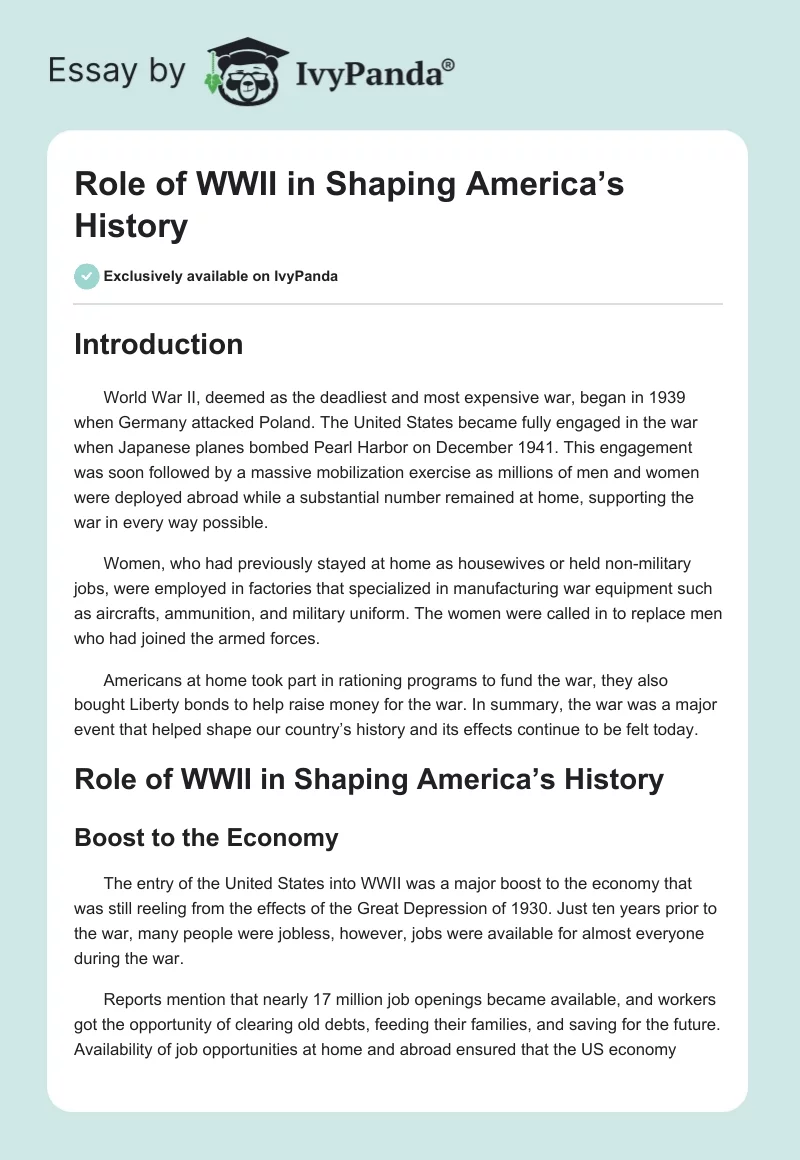 Role of WWII in Shaping America’s History. Page 1