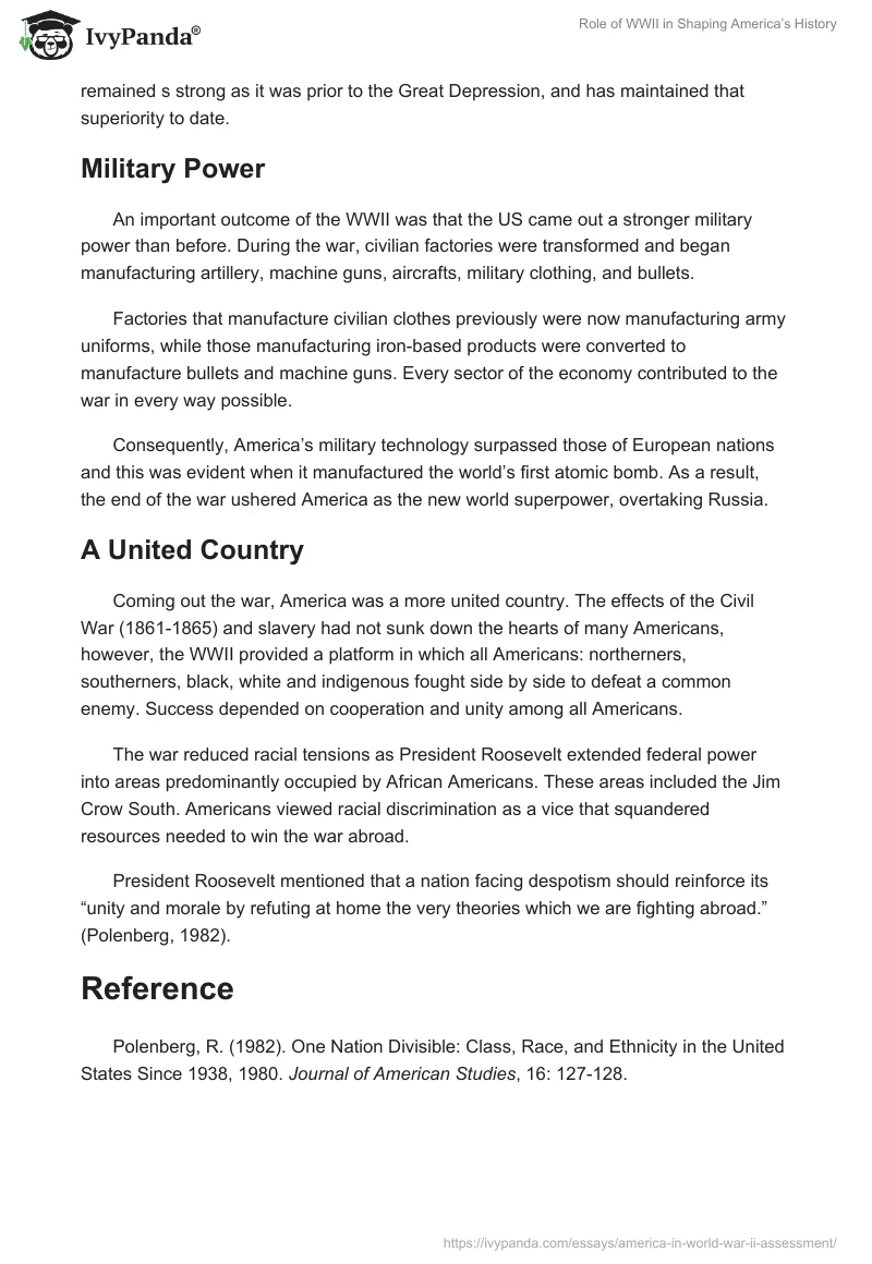 Role of WWII in Shaping America’s History. Page 2