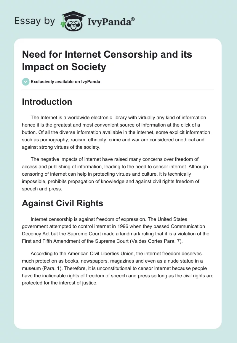 Need for Internet Censorship and its Impact on Society. Page 1