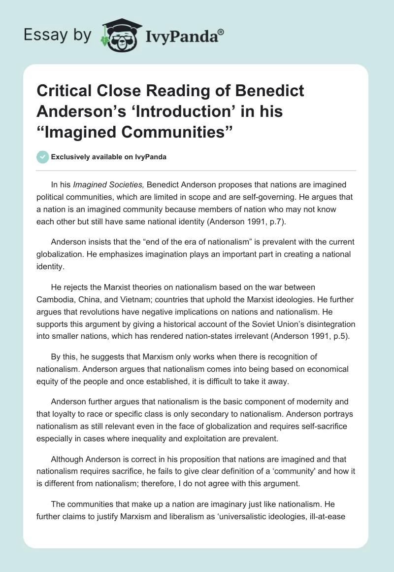 Critical Close Reading of Benedict Anderson’s ‘Introduction’ in his “Imagined Communities”. Page 1
