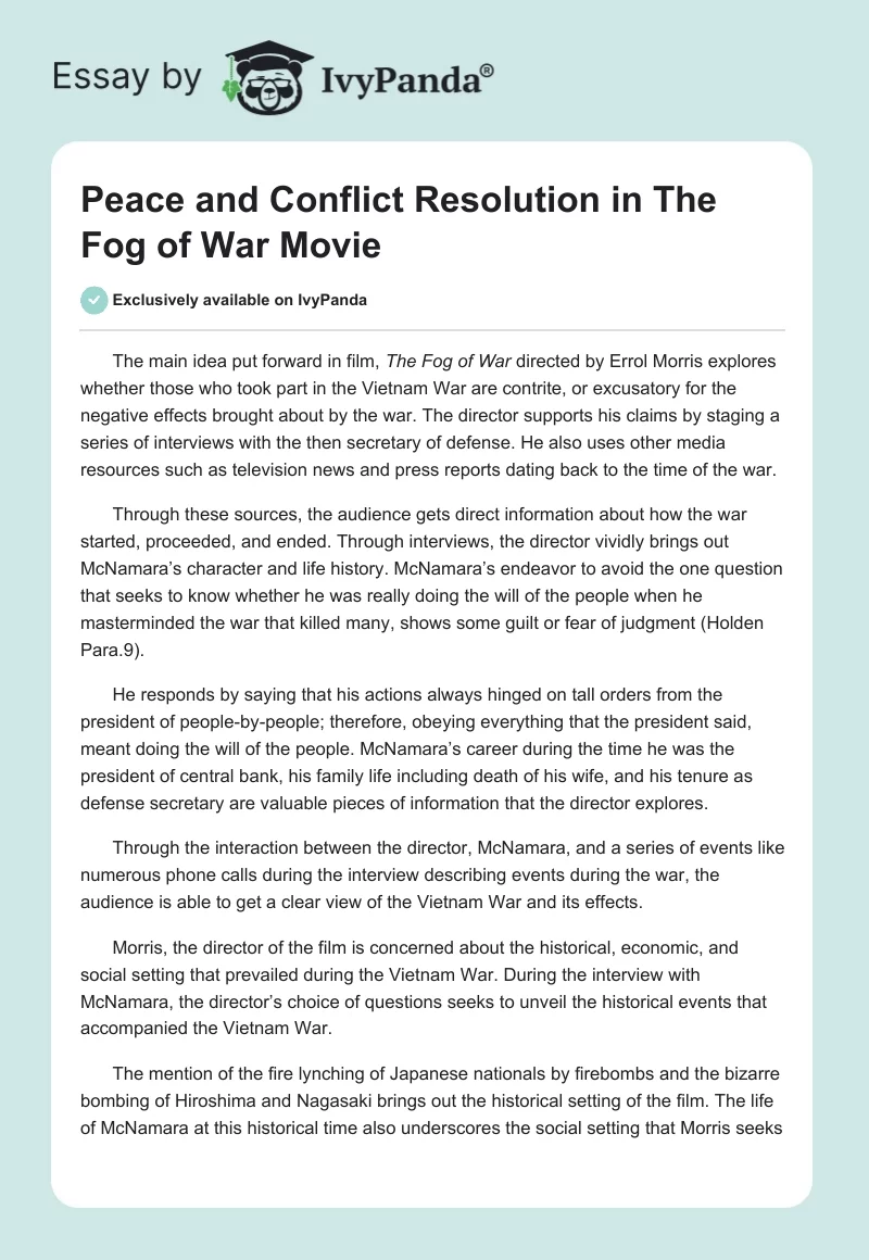 Peace and Conflict Resolution in "The Fog of War" Movie. Page 1