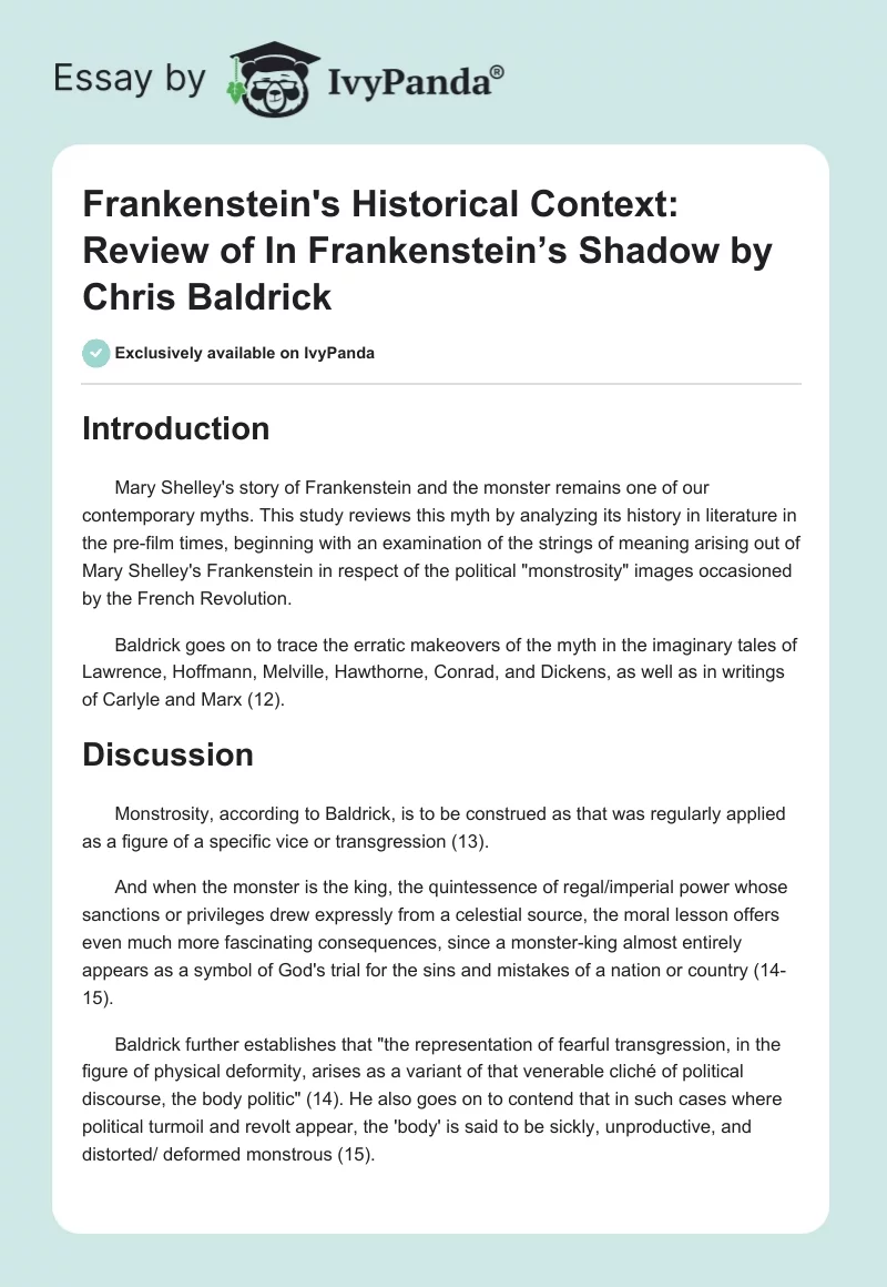 Frankenstein's Historical Context: Review of "In Frankenstein’s Shadow" by Chris Baldrick. Page 1