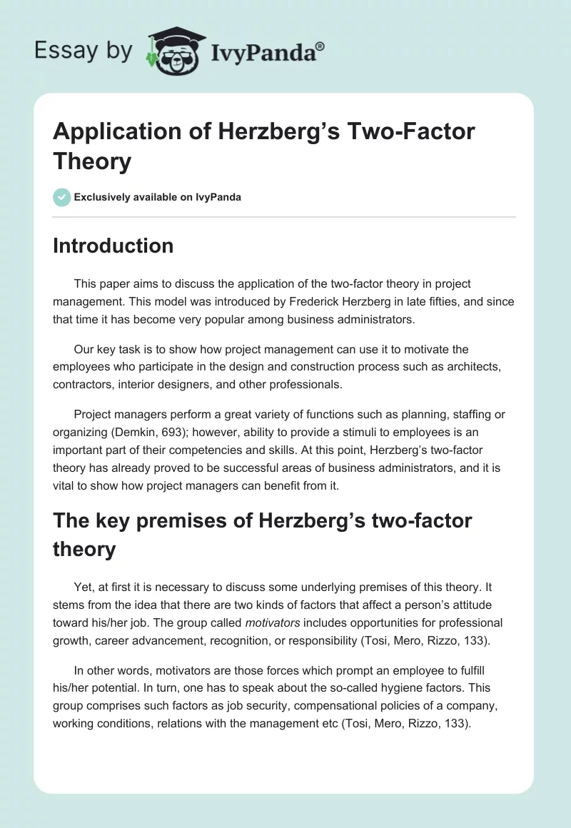 Application of Herzberg’s Two-Factor Theory. Page 1