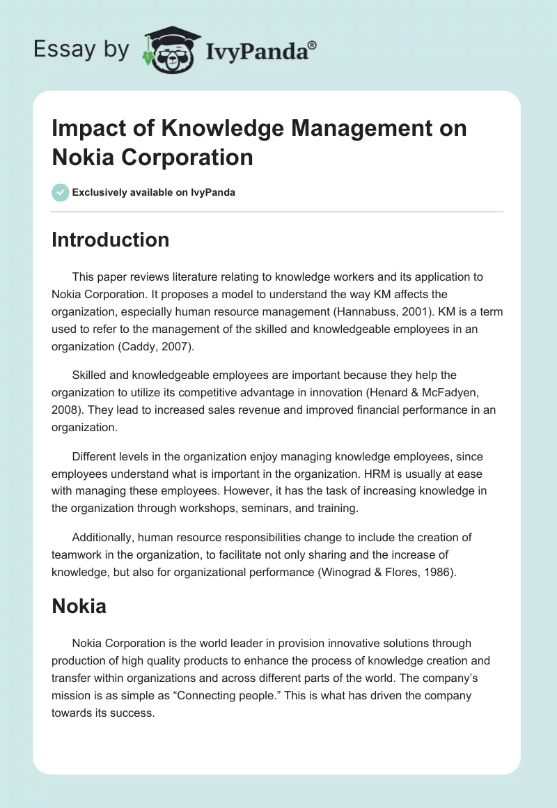 Impact of Knowledge Management on Nokia Corporation. Page 1