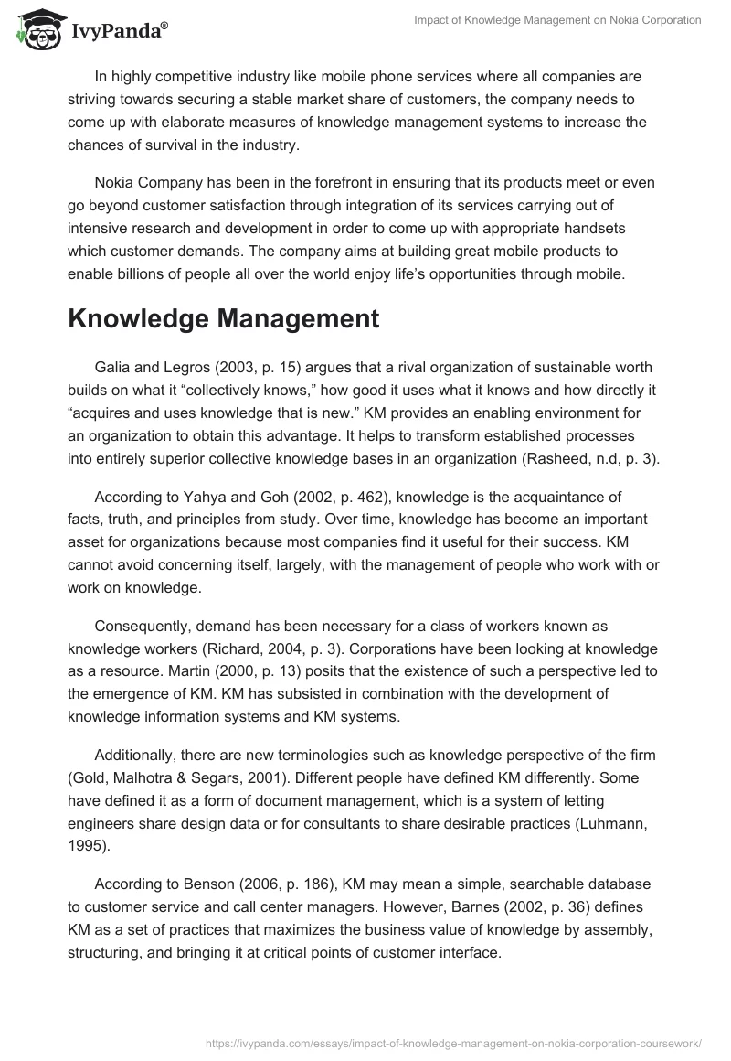 Impact of Knowledge Management on Nokia Corporation. Page 2