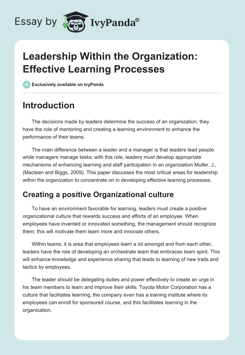 Leadership Within the Organization: Effective Learning Processes. Page 1