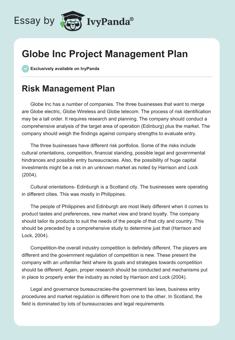 Globe Inc Project Management Plan. Page 1
