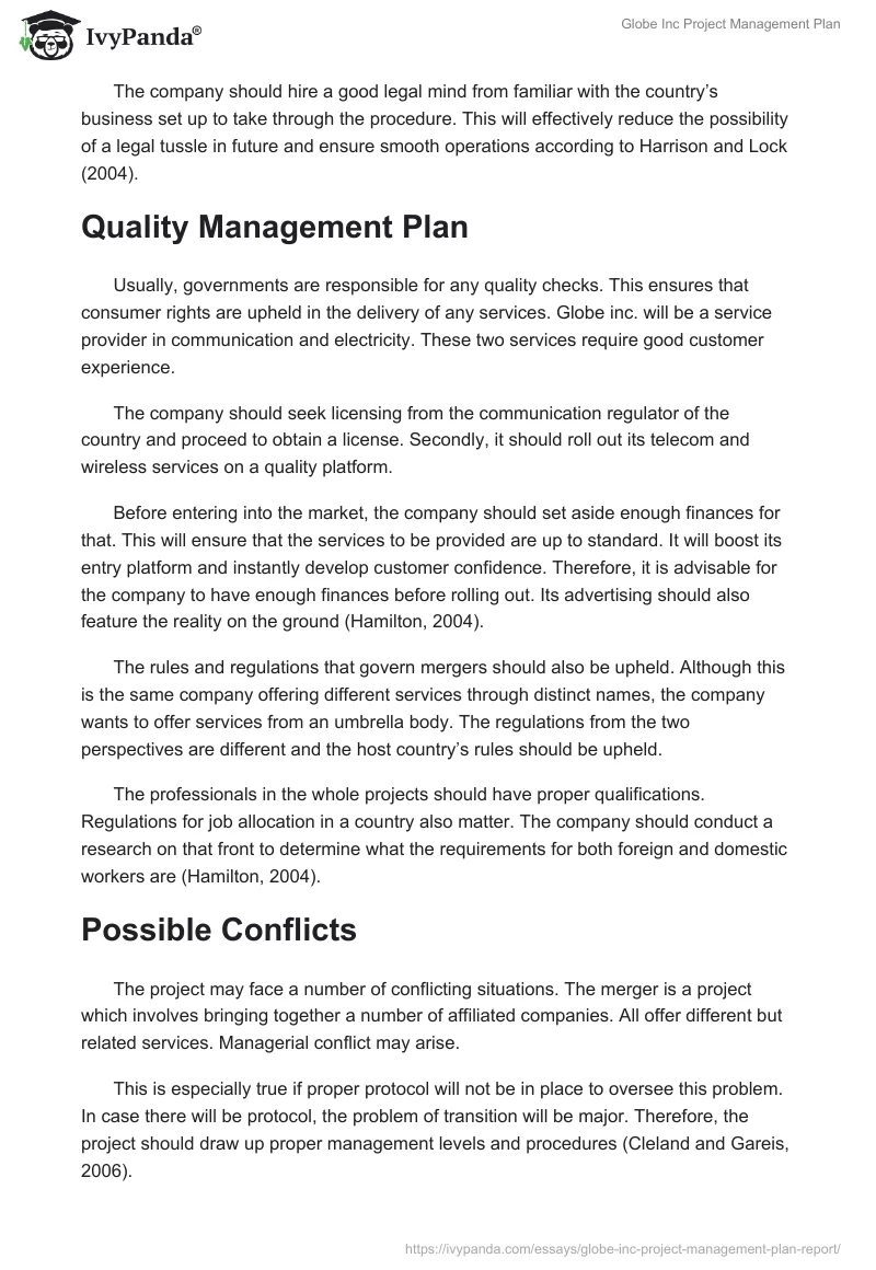 Globe Inc Project Management Plan. Page 2