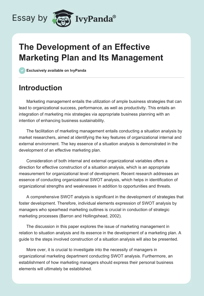 The Development of an Effective Marketing Plan and Its Management. Page 1