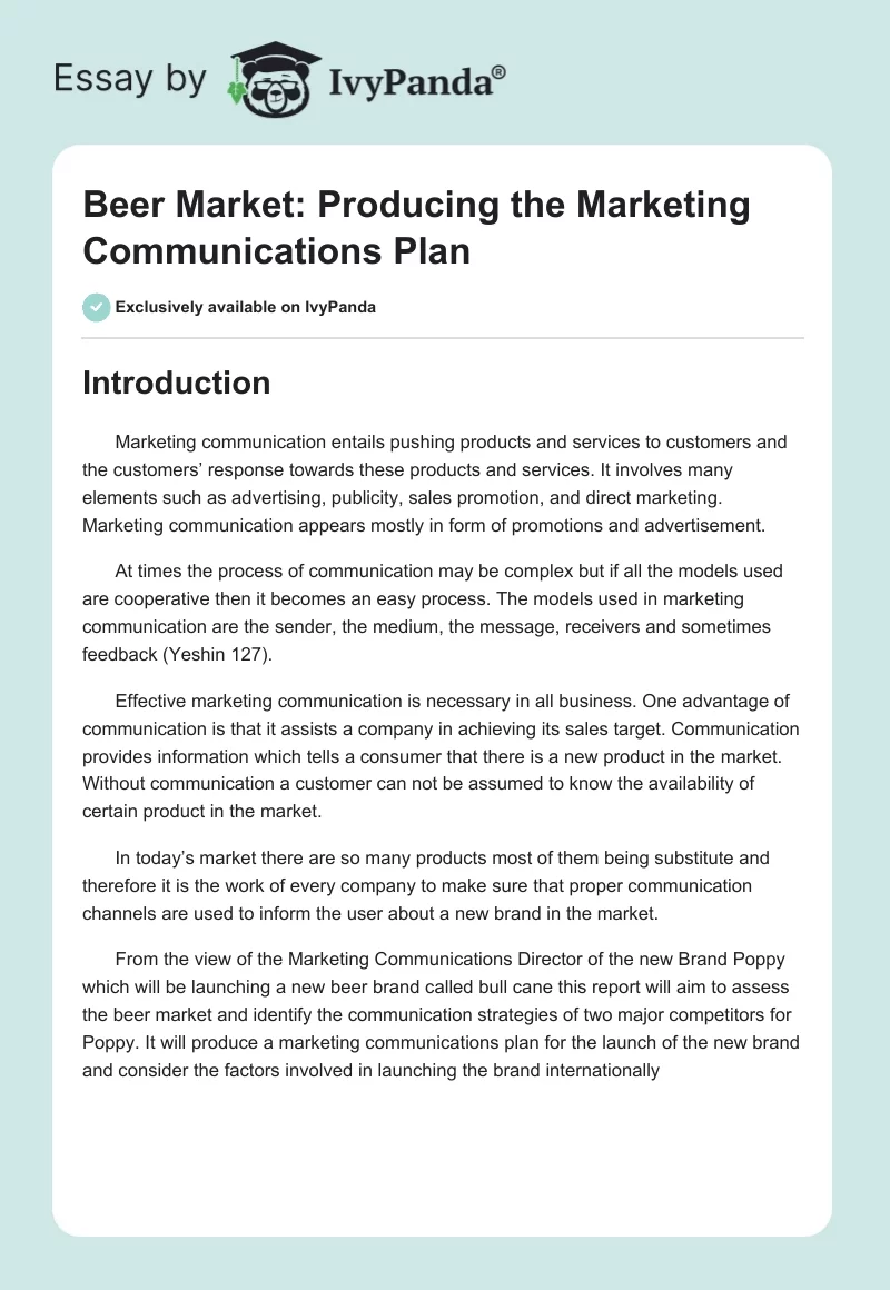 Beer Market: Producing the Marketing Communications Plan. Page 1