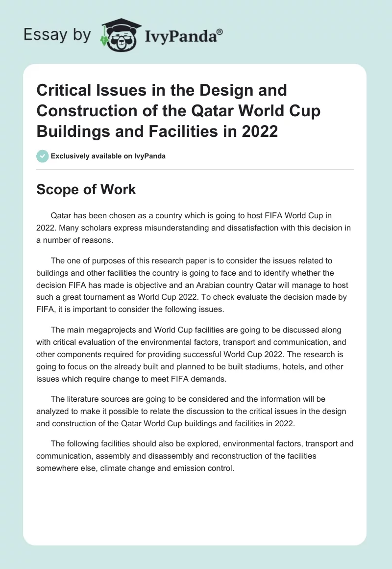 Critical Issues in the Design and Construction of the Qatar World Cup Buildings and Facilities in 2022. Page 1