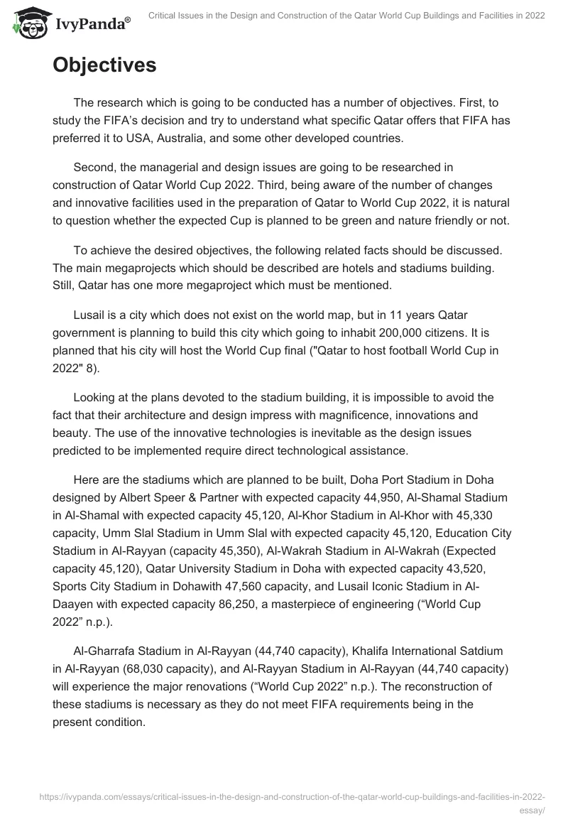 Critical Issues in the Design and Construction of the Qatar World Cup Buildings and Facilities in 2022. Page 2