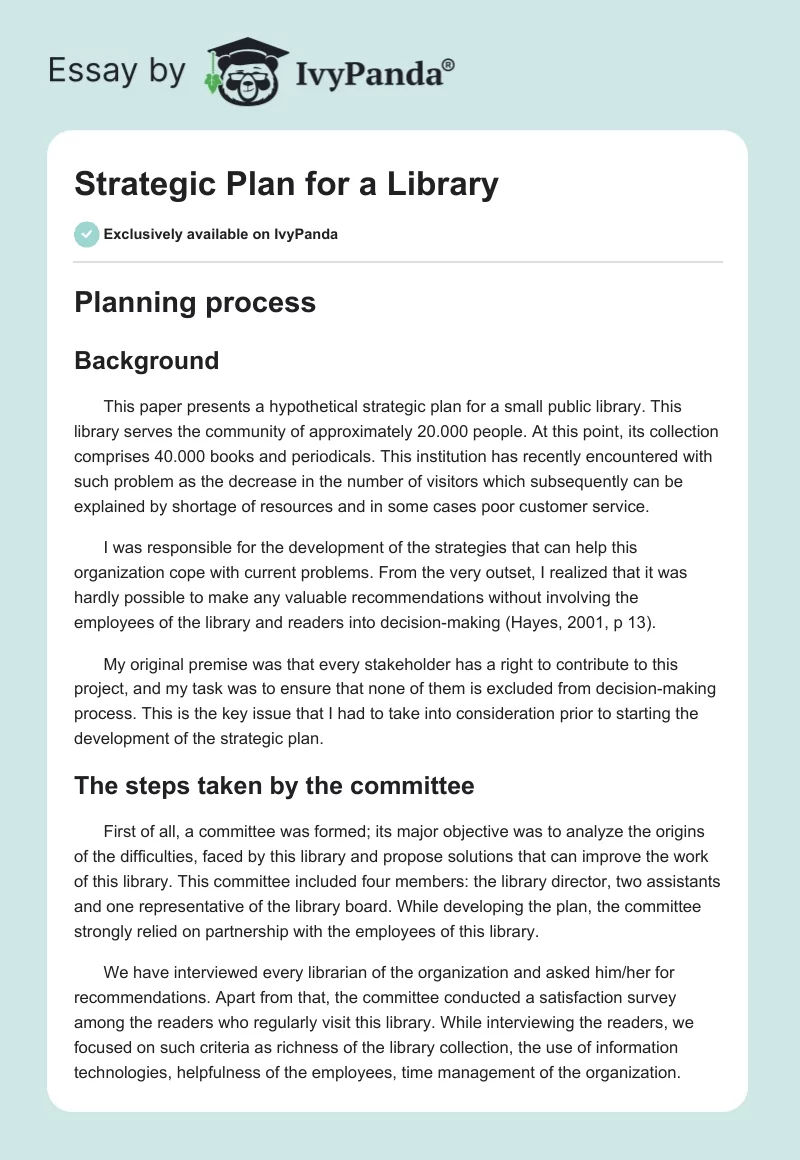 Strategic Plan for a Library. Page 1