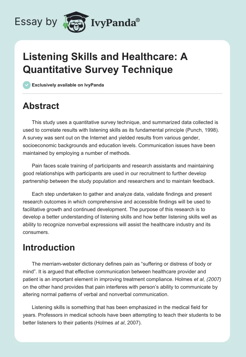 Listening Skills and Healthcare: A Quantitative Survey Technique. Page 1