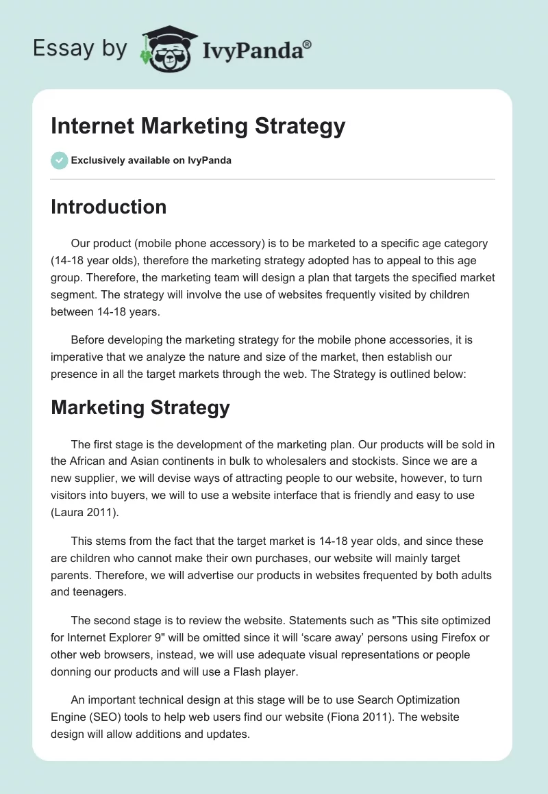 Internet Marketing Strategy. Page 1