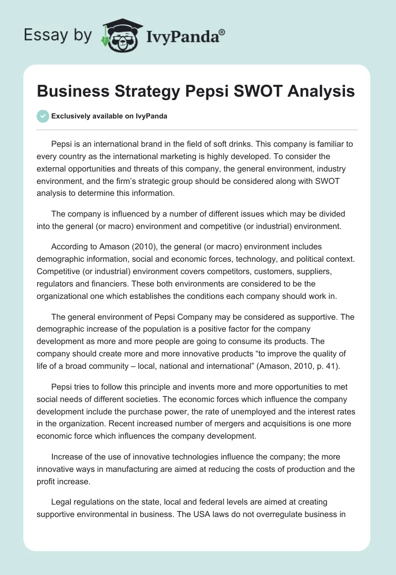 Business Strategy Pepsi SWOT Analysis. Page 1