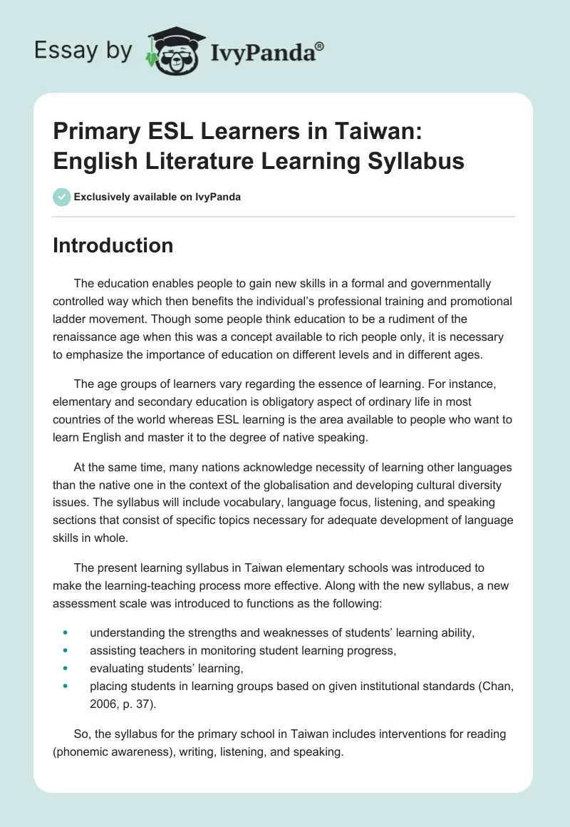 Primary ESL Learners in Taiwan: English Literature Learning Syllabus. Page 1