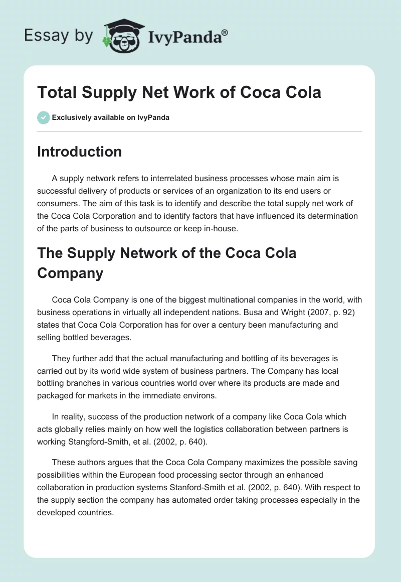 Total Supply Net Work of Coca Cola. Page 1