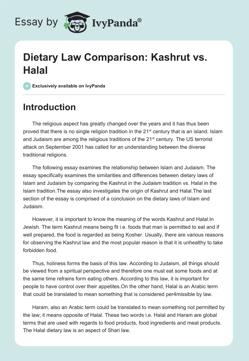 Dietary Law Comparison: Kashrut vs. Halal. Page 1