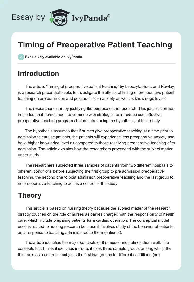Timing of Preoperative Patient Teaching. Page 1