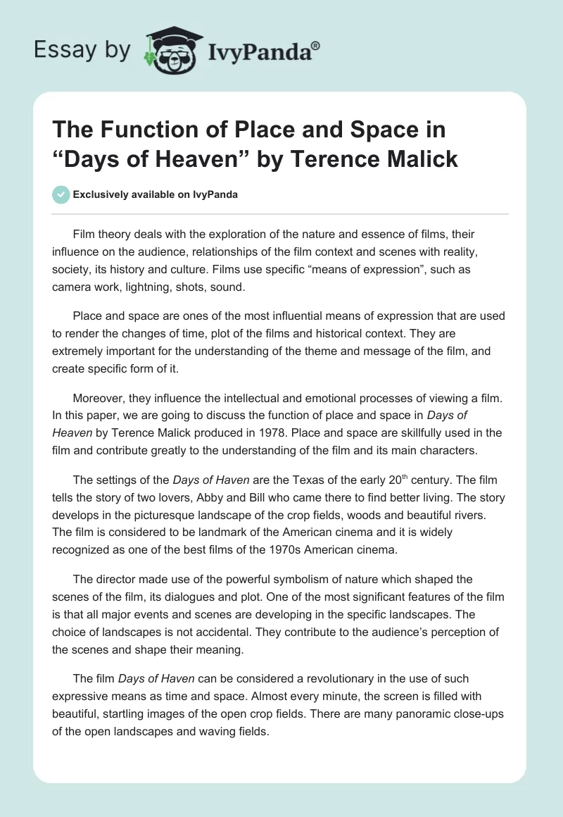The Function of Place and Space in “Days of Heaven” by Terence Malick. Page 1