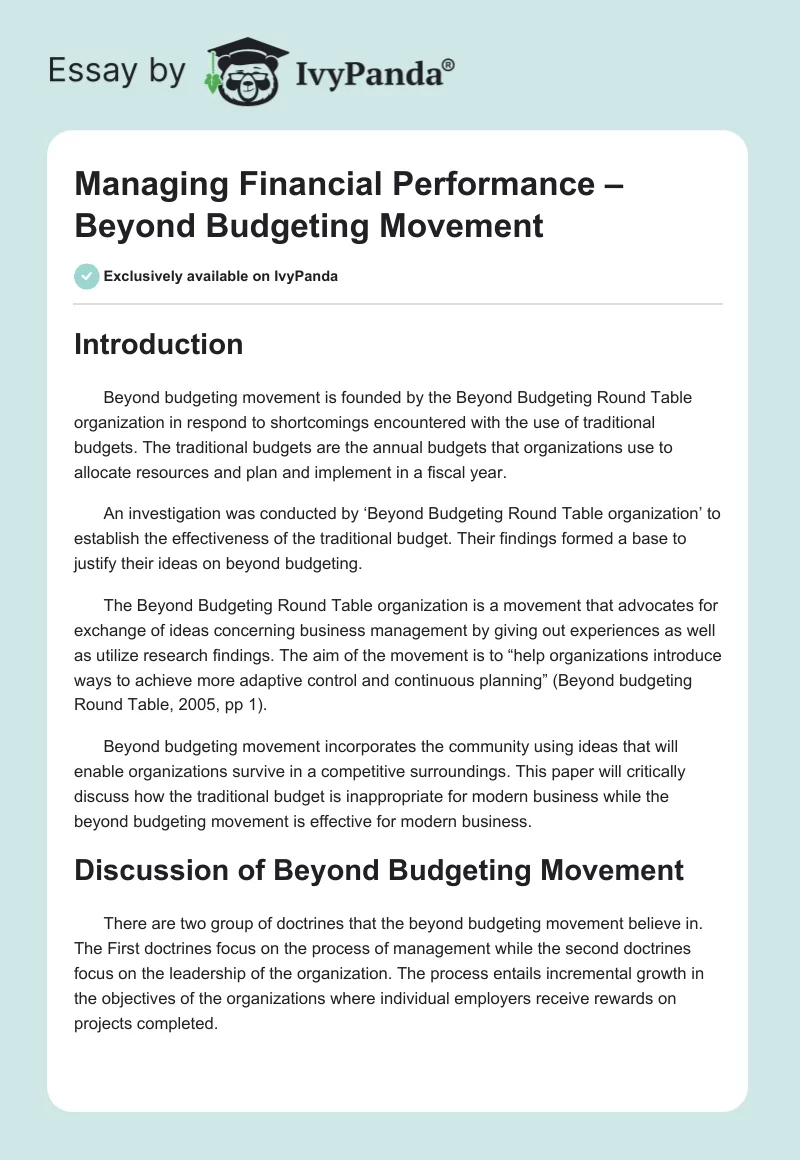 Managing Financial Performance – Beyond Budgeting Movement. Page 1