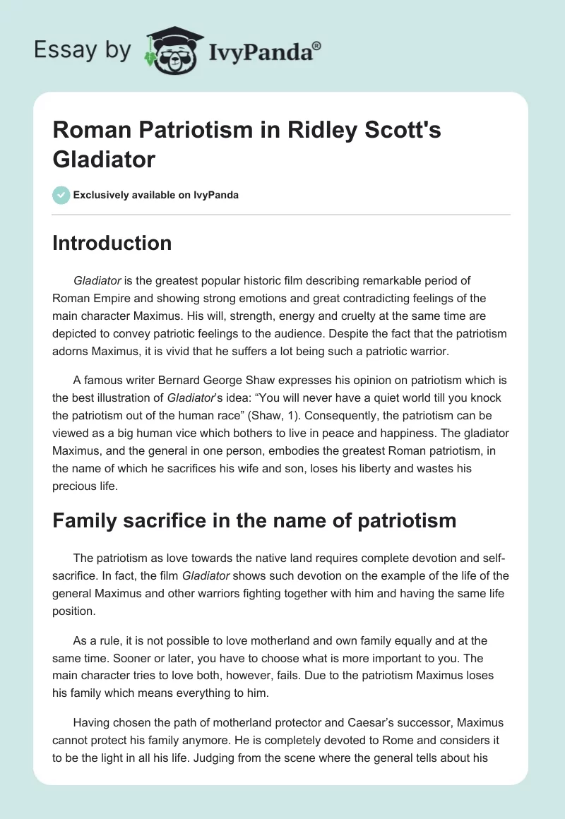 Roman Patriotism in Ridley Scott's "Gladiator". Page 1
