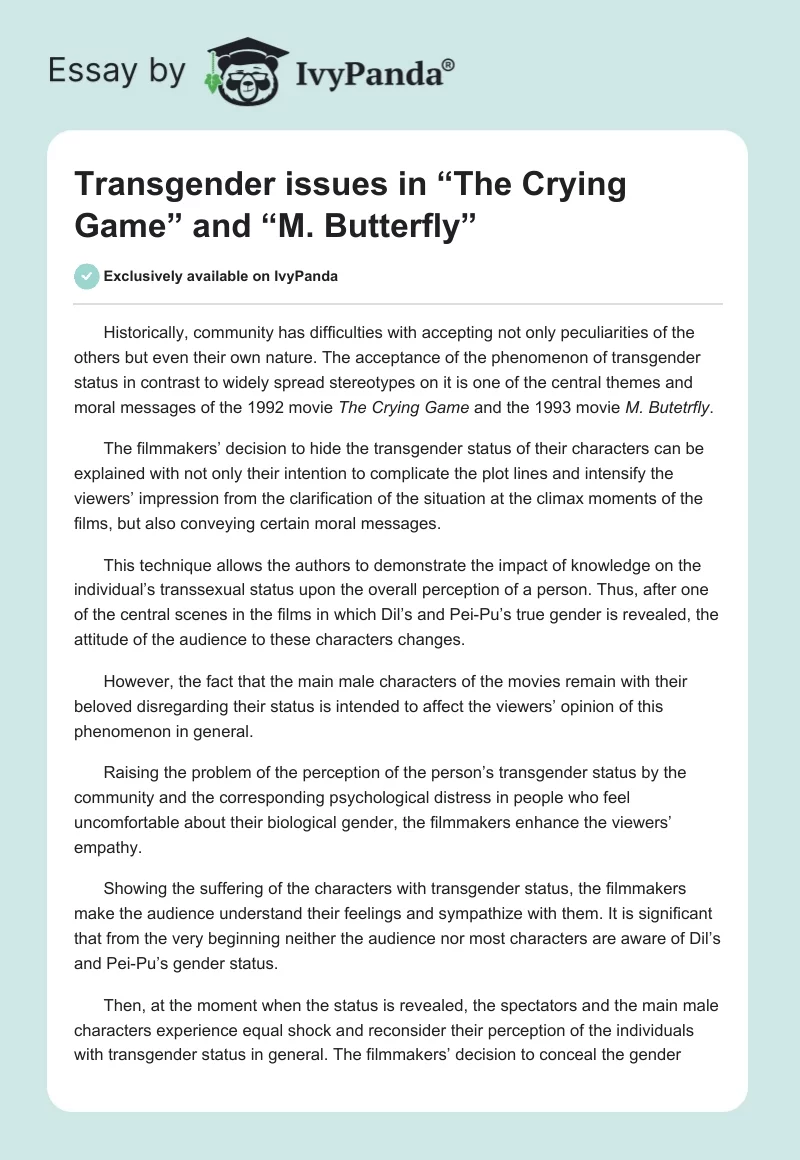 Transgender Issues in “The Crying Game” and “M. Butterfly”. Page 1