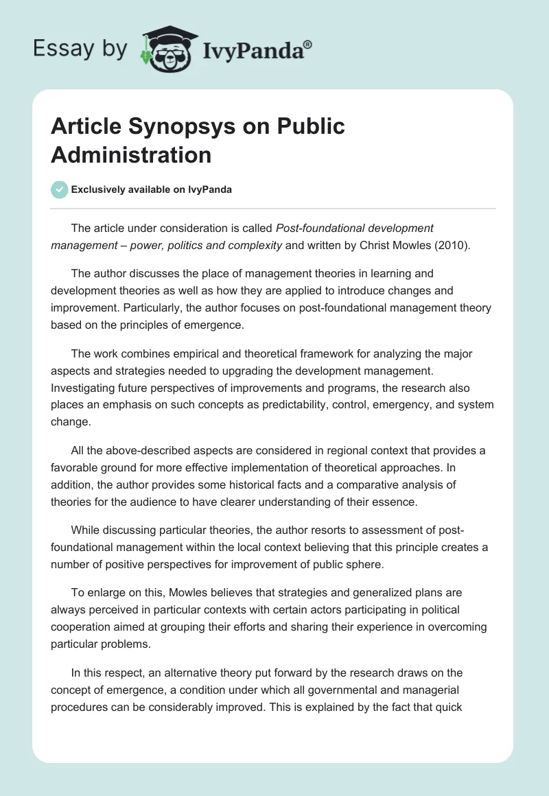 Article Synopsys on Public Administration. Page 1
