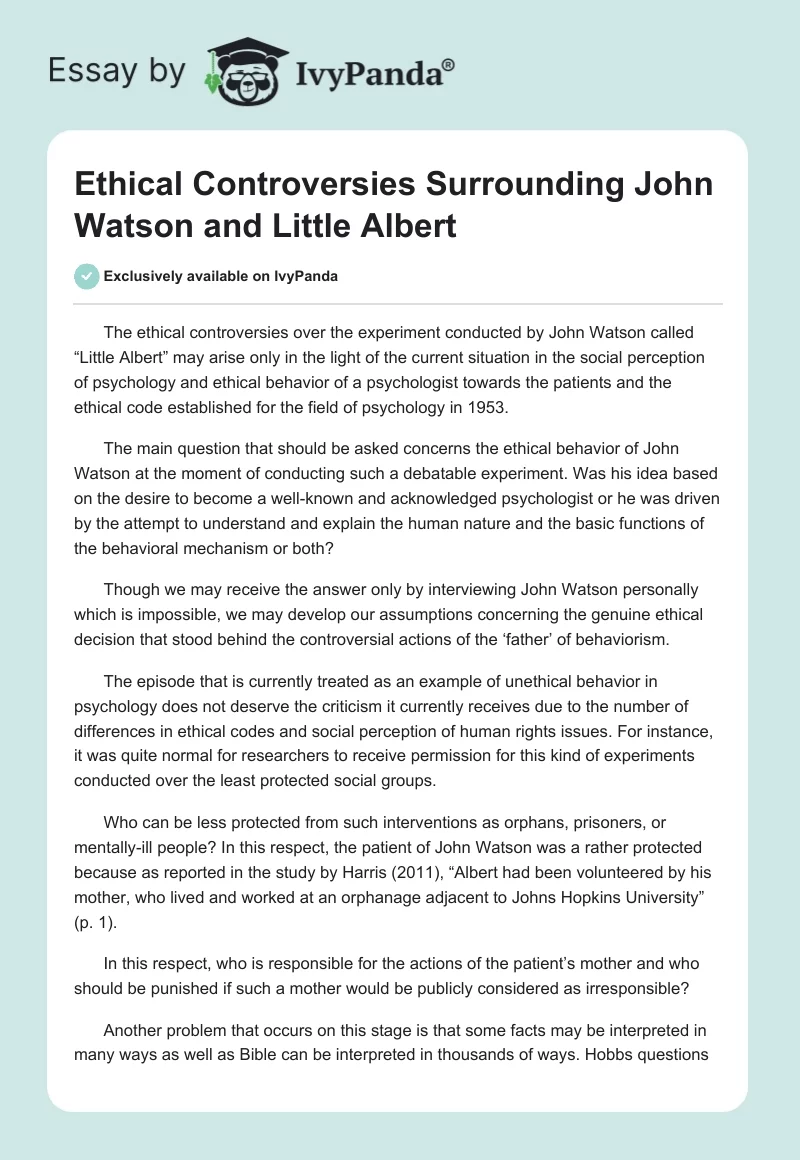 Ethical Controversies Surrounding John Watson and Little Albert. Page 1