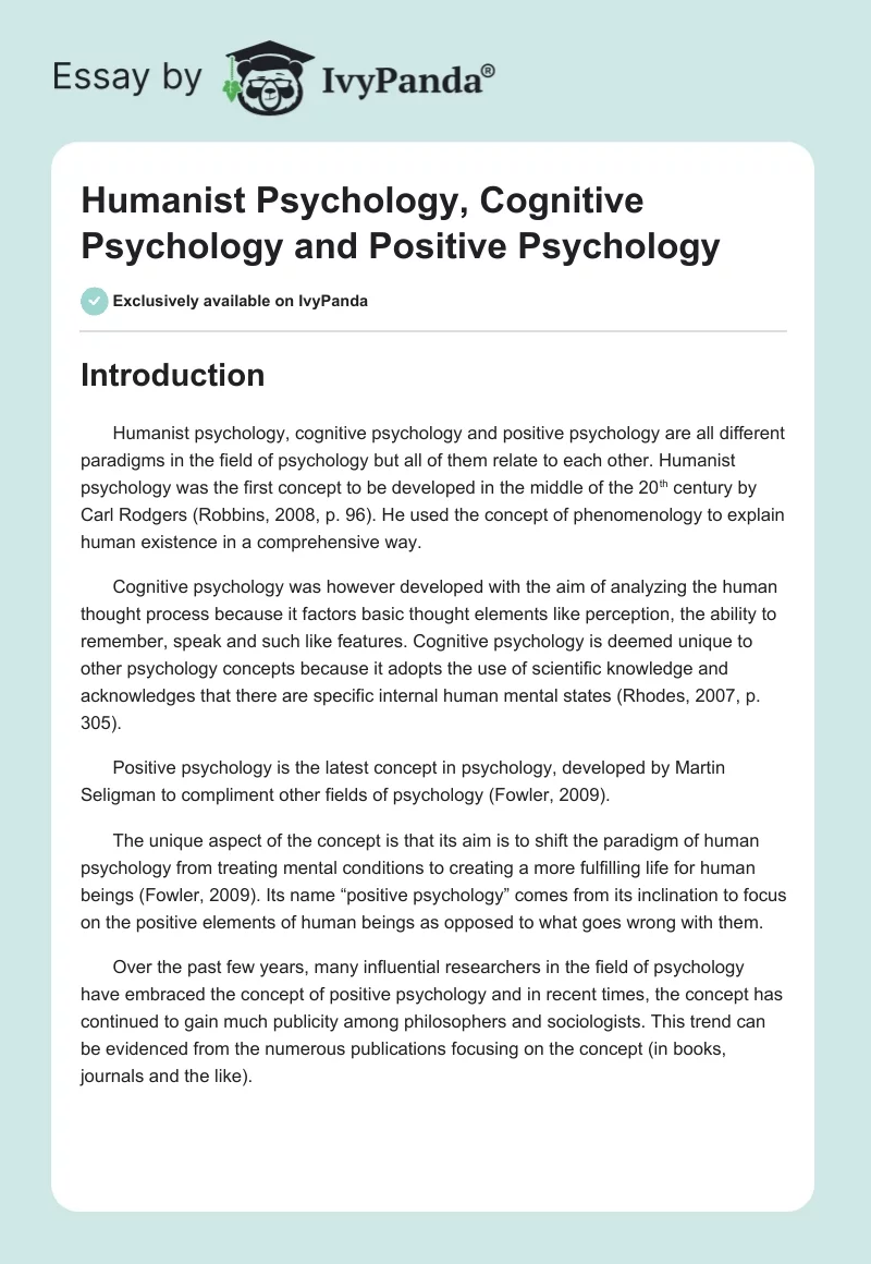 Humanist Psychology, Cognitive Psychology and Positive Psychology. Page 1