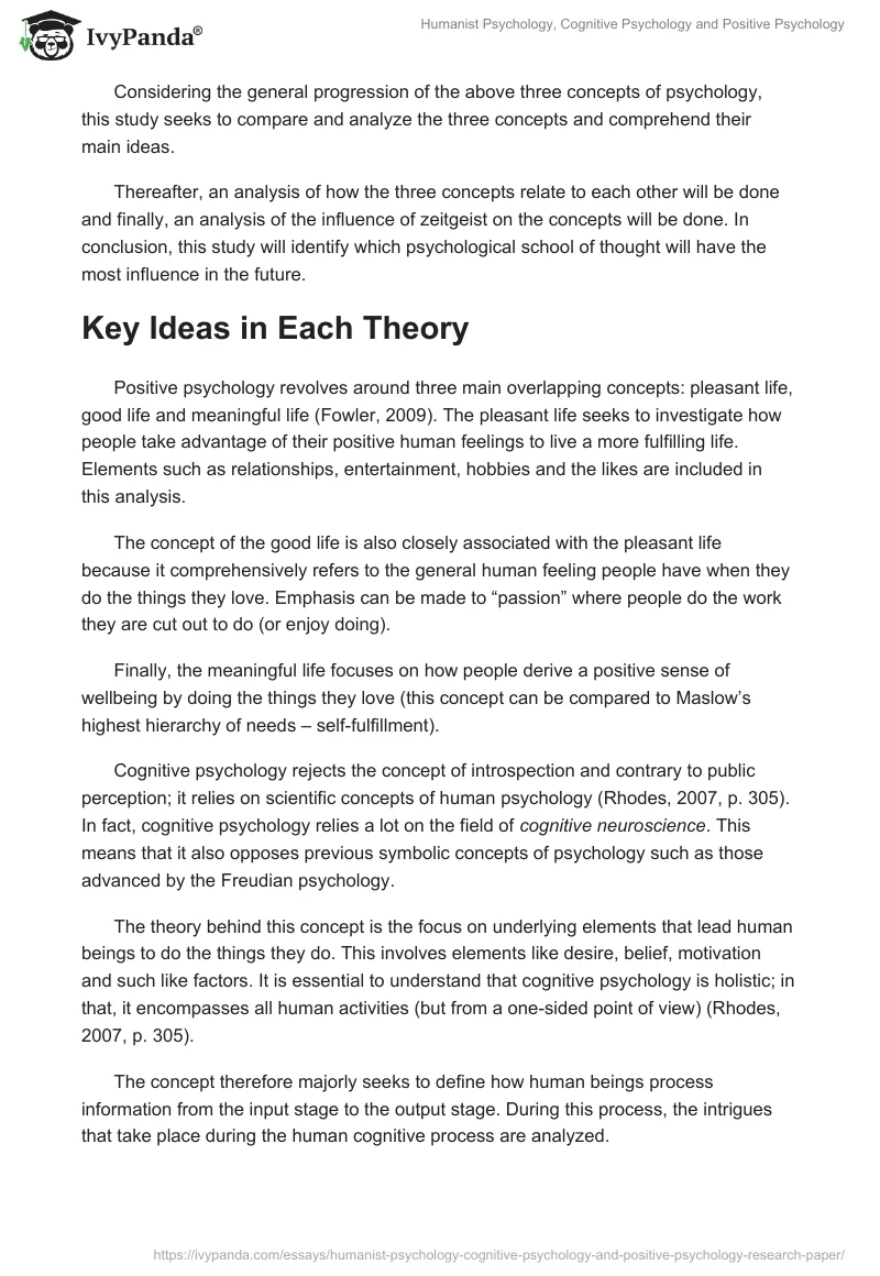 Humanist Psychology, Cognitive Psychology and Positive Psychology. Page 2