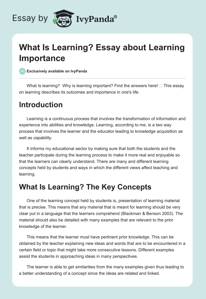 What Is Learning? Essay about Learning Importance. Page 1