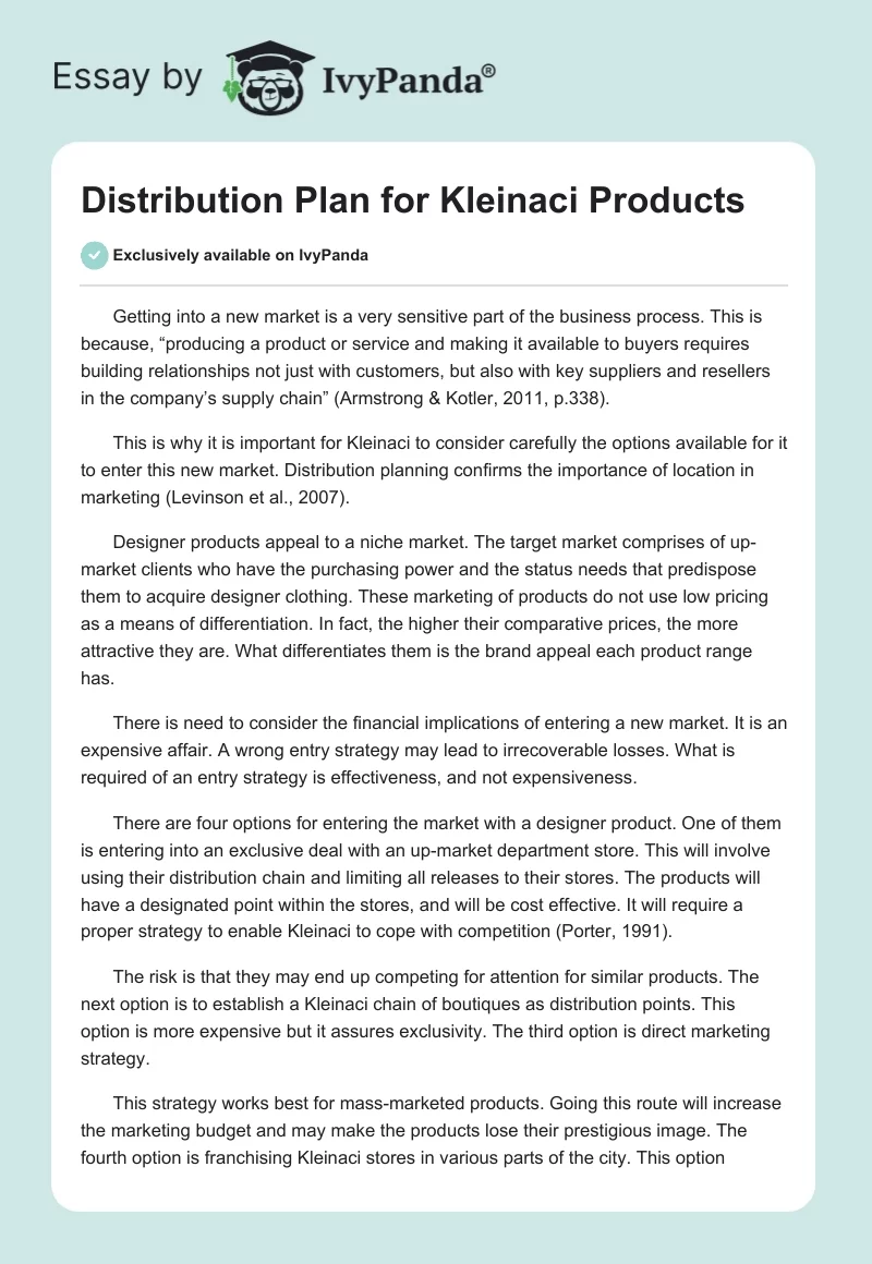 Distribution Plan for Kleinaci Products. Page 1
