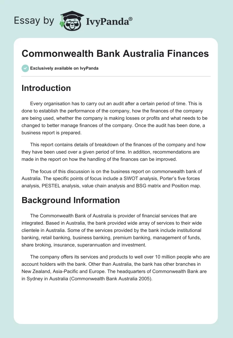 Commonwealth Bank Australia Finances. Page 1