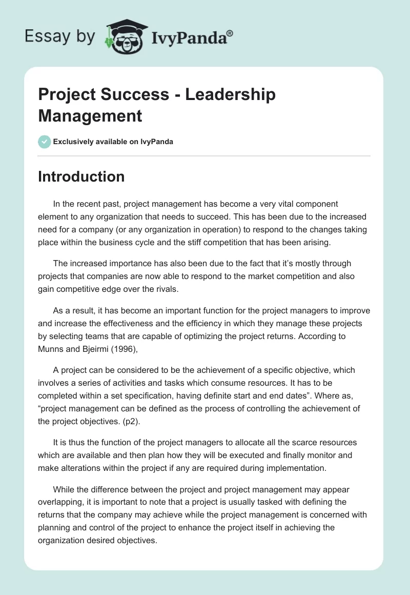 Project Success - Leadership Management. Page 1