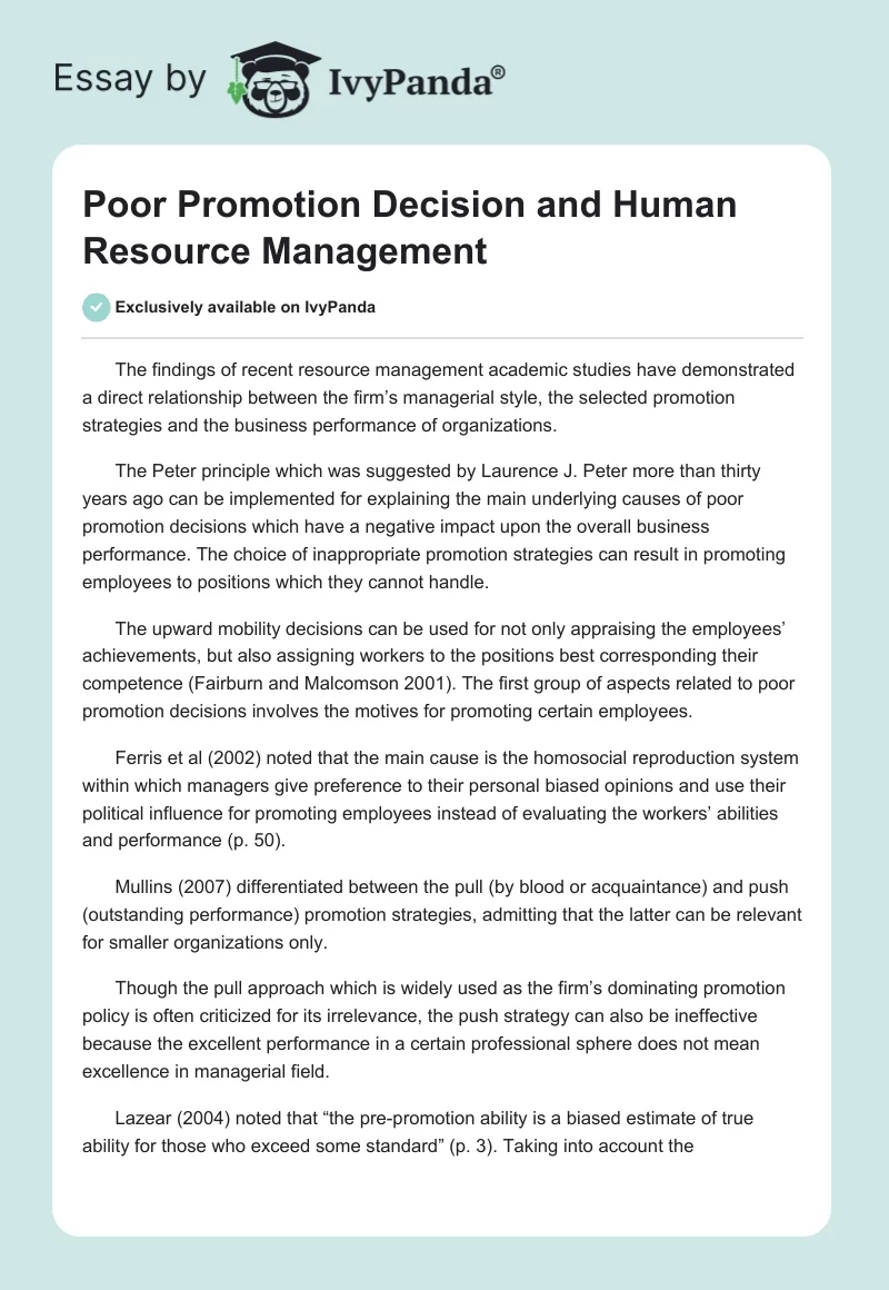Poor Promotion Decision and Human Resource Management. Page 1