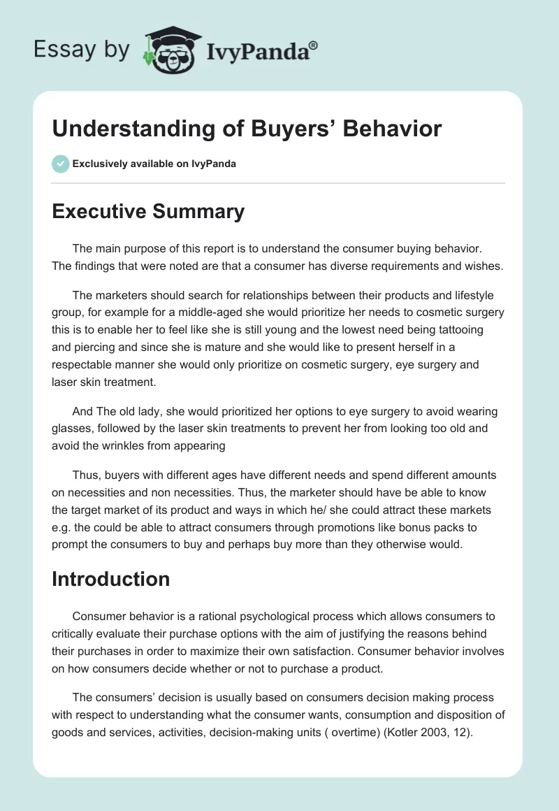 Understanding of Buyers’ Behavior. Page 1