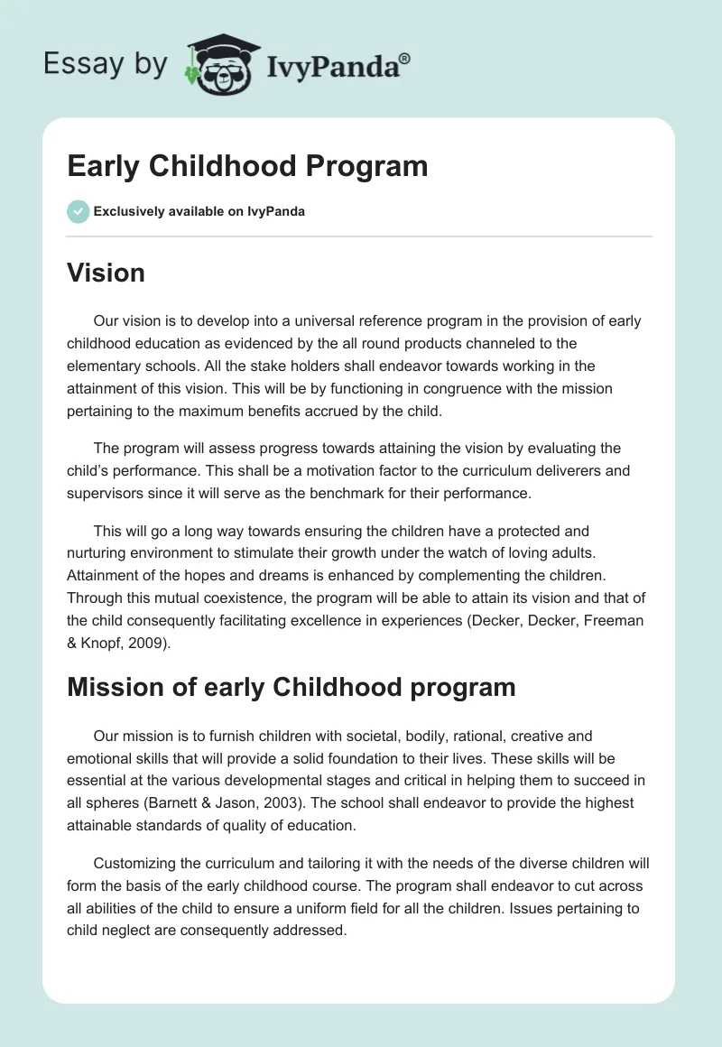 Early Childhood Program. Page 1