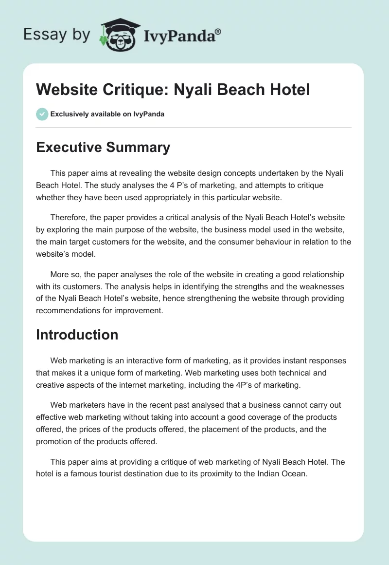 Website Critique: Nyali Beach Hotel. Page 1