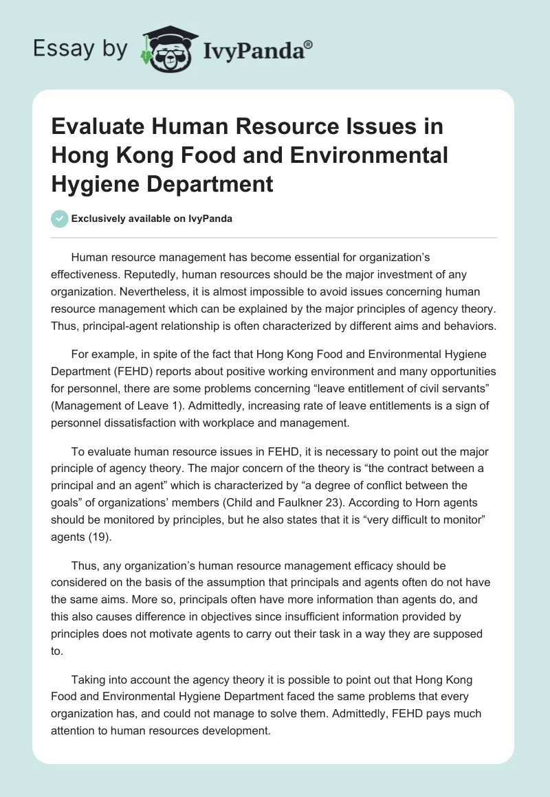 Evaluate Human Resource Issues in Hong Kong Food and Environmental Hygiene Department. Page 1