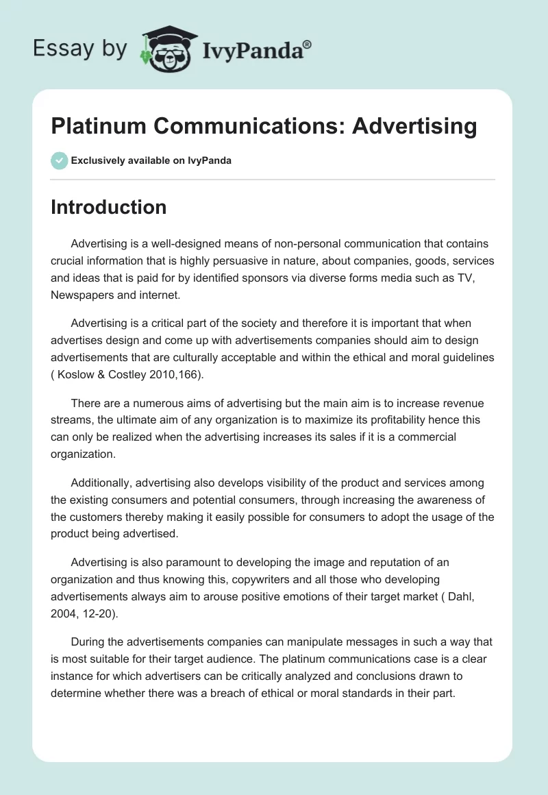 Platinum Communications: Advertising. Page 1