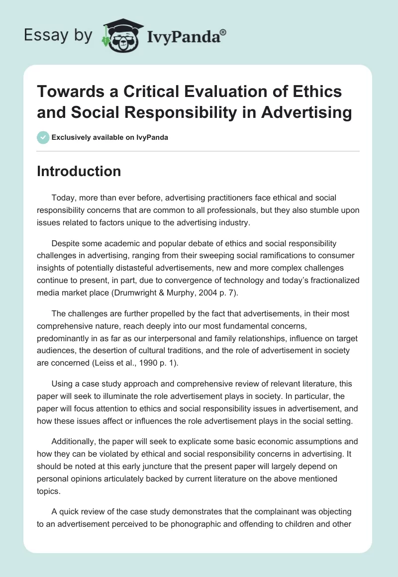 Towards a Critical Evaluation of Ethics and Social Responsibility in Advertising. Page 1