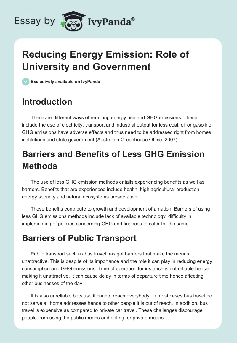 Reducing Energy Emission: Role of University and Government. Page 1